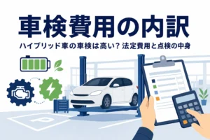 整備工場の乗用車のシルエットと見積書・電卓を持つ手元が並び、ハイブリッド車の車検費用を解説する記事タイトル