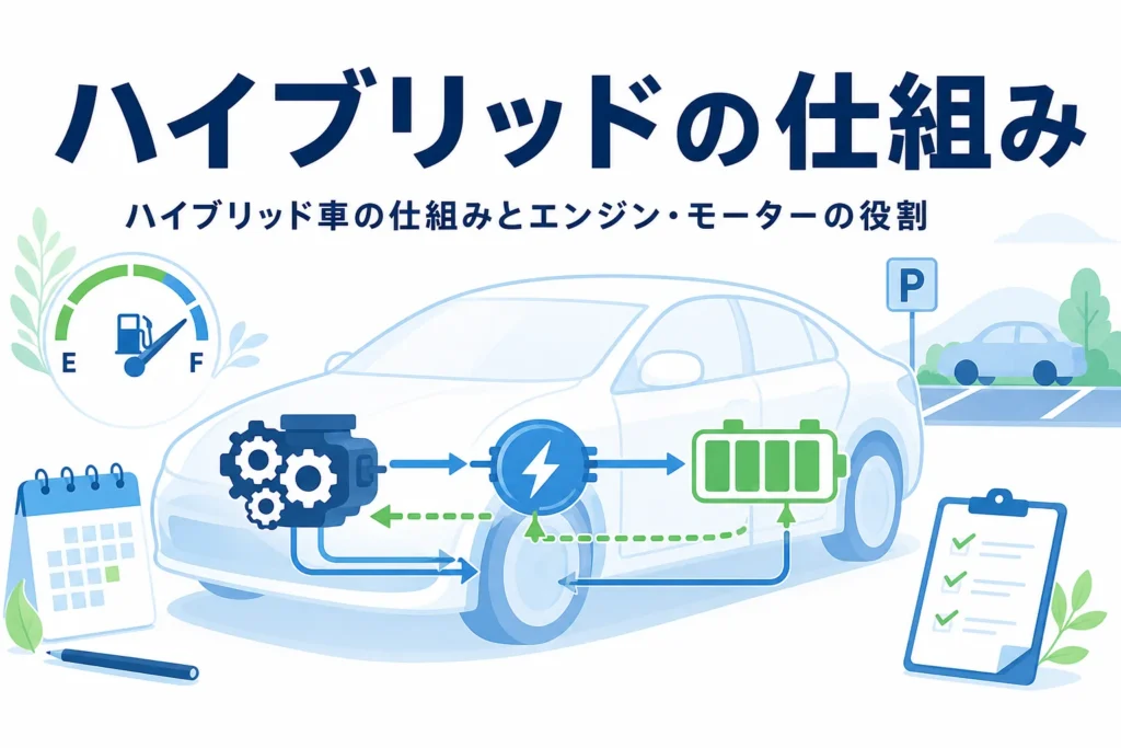 乗用車の透視図にエンジン・モーター・電池のマークと「ハイブリッドの仕組み」の文字