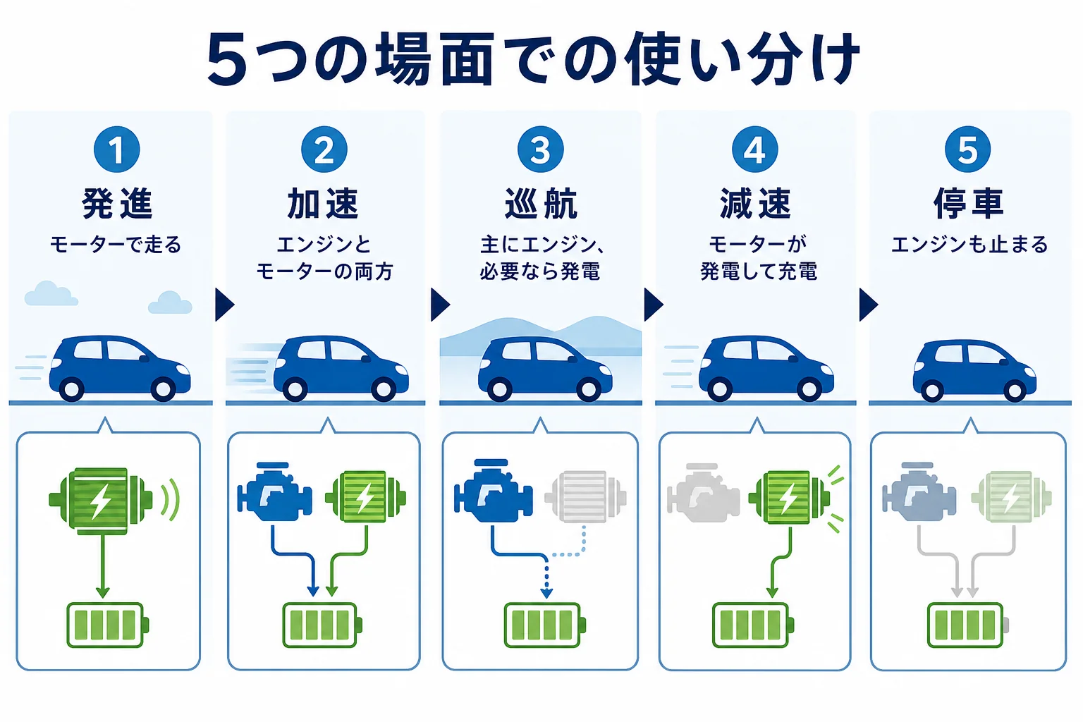 ハイブリッド車が発進・加速・巡航・減速・停車の5つの場面で、エンジンとモーターをどう使い分けているかを示した図解
