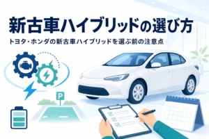 展示スペースの新しい乗用車のシルエットと電池マーク・カレンダーが並び、新古車ハイブリッドの選び方を解説する記事タイトル