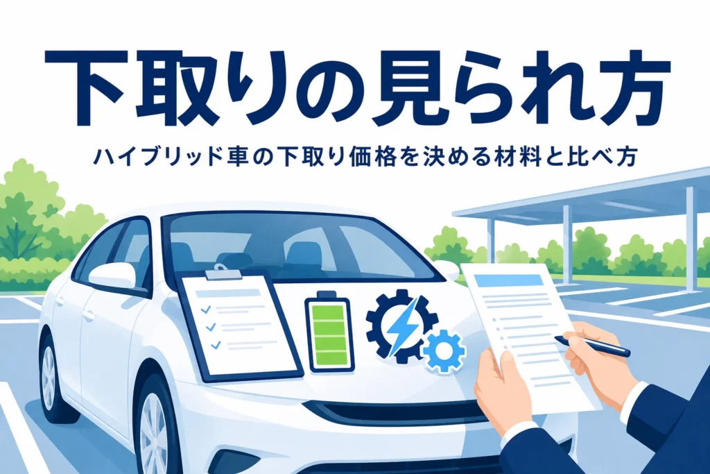 ハイブリッド車のシルエットと査定の書類を確認する手元のイラストと、下取り価格の見られ方を紹介する記事タイトル
