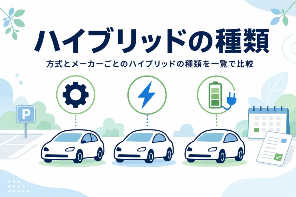 3台の乗用車のシルエットとエンジン・モーター・充電のマークに「ハイブリッドの種類」の文字