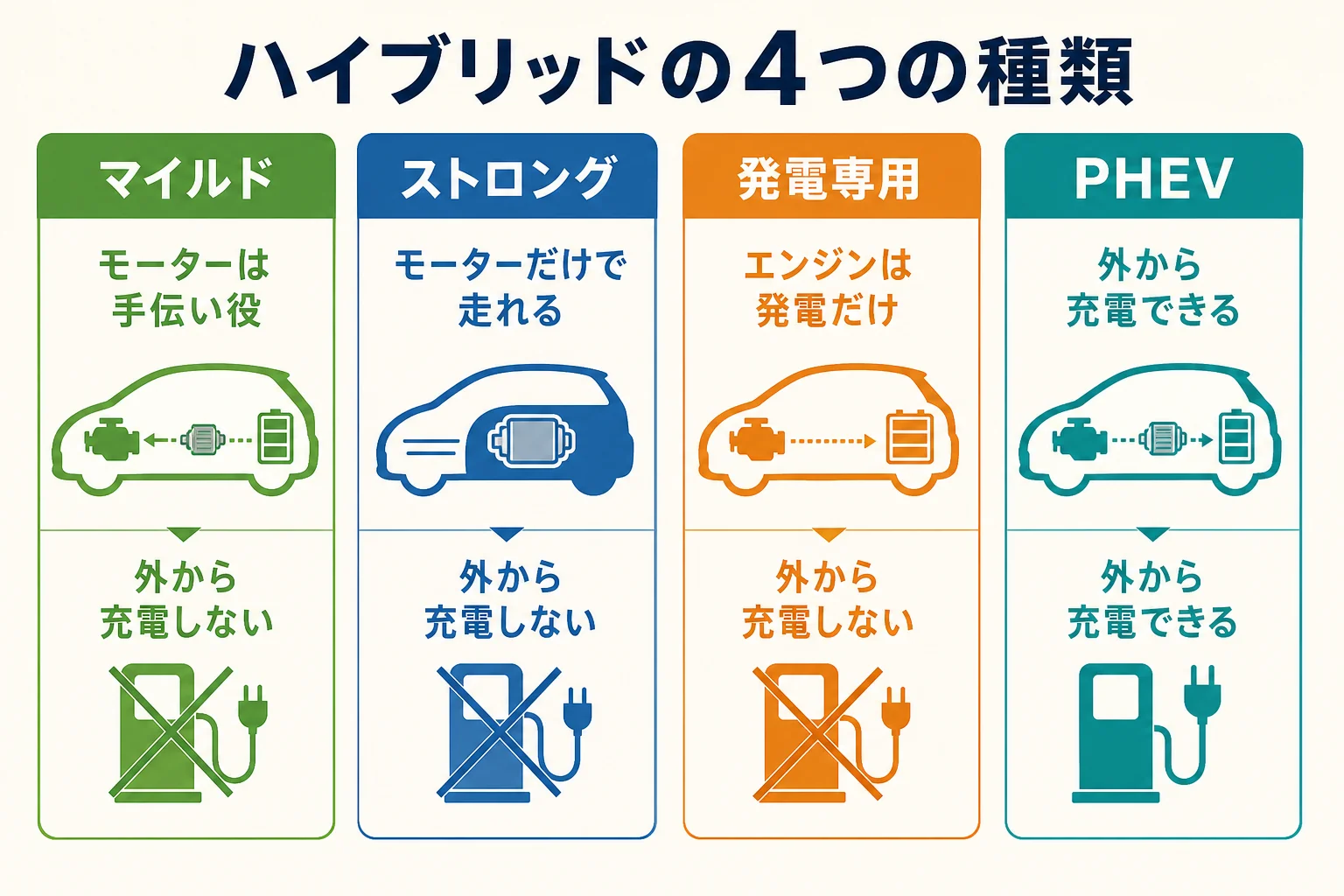 ハイブリッドの種類を、モーターだけで走れるかと外から充電するかの2軸で4つのマスに分けた図解