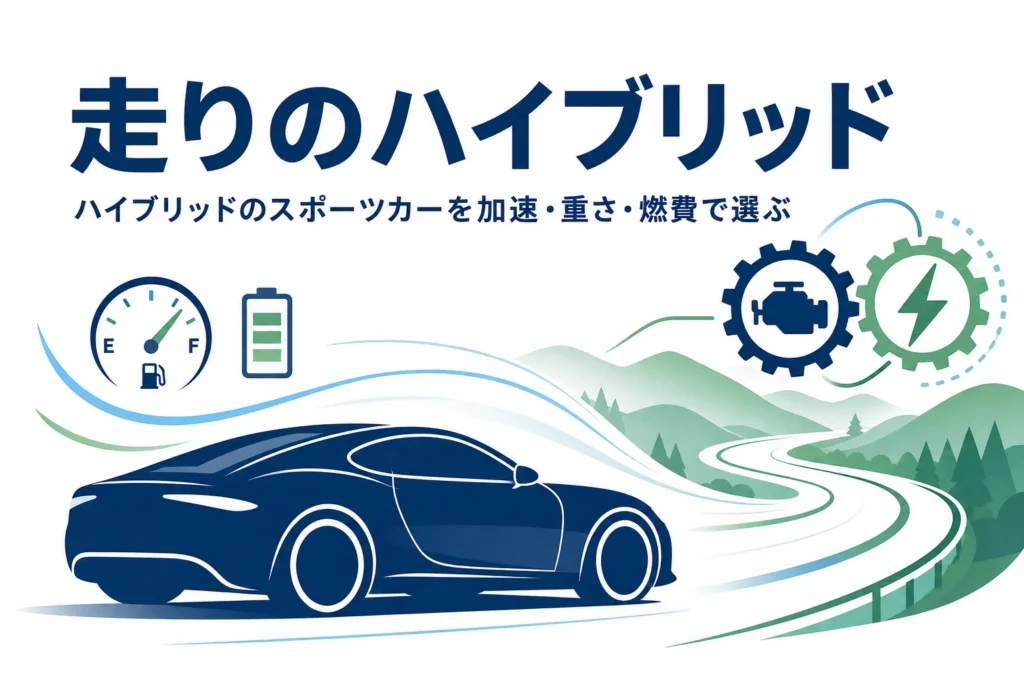 流れるような形の車のシルエットと山道で、ハイブリッドのスポーツカーの選び方を表したアイキャッチ