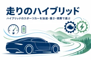 流れるような形の車のシルエットと山道で、ハイブリッドのスポーツカーの選び方を表したアイキャッチ