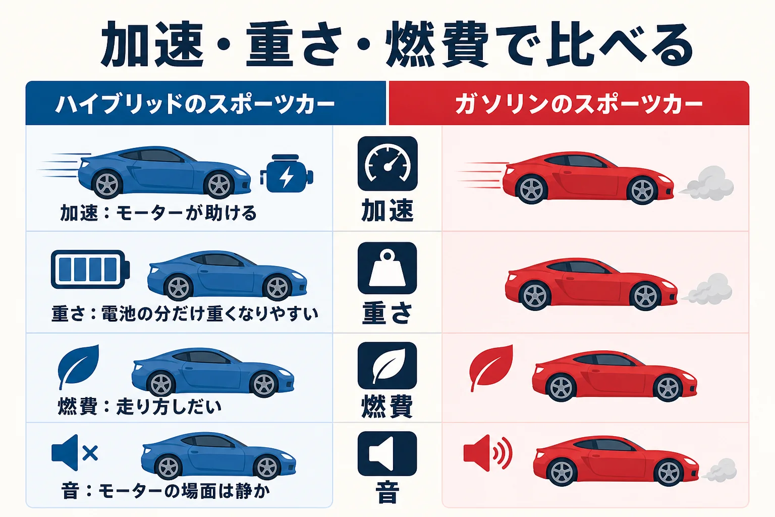 ハイブリッドとガソリンのスポーツカーを加速・重さ・燃費の3つで比べた図解