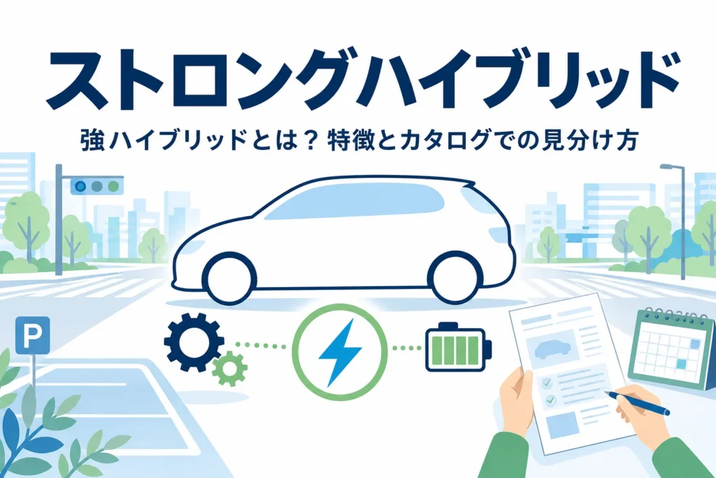 大きなモーターと電池のマークが描かれた乗用車のイラストと、ストロングハイブリッドとは何かを紹介する記事タイトル
