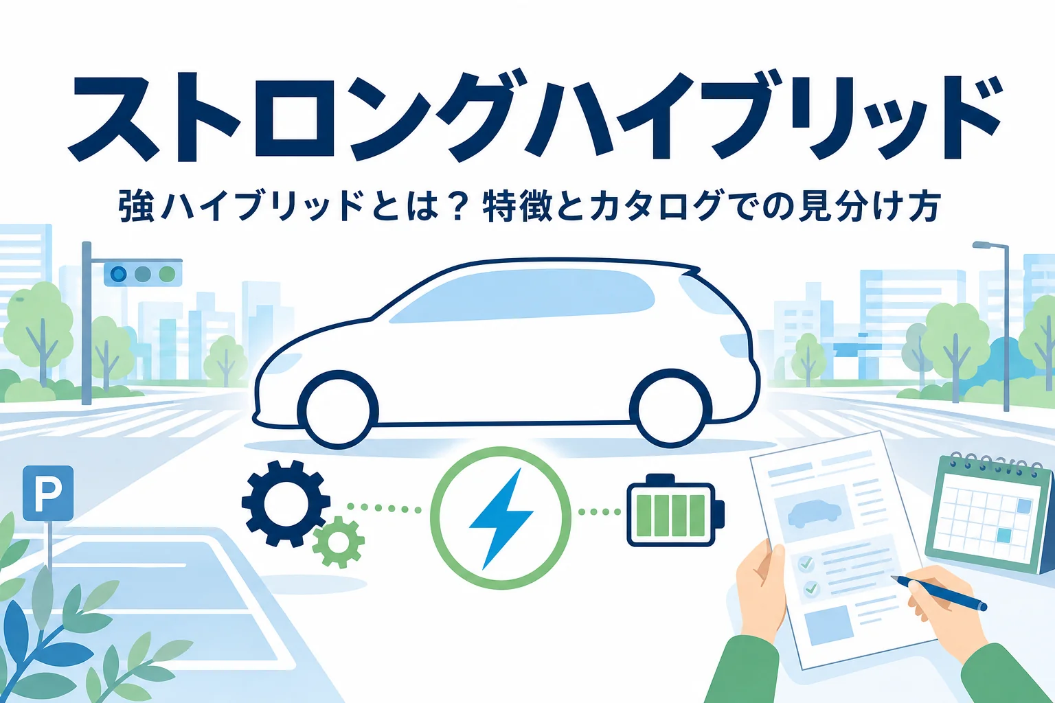 大きなモーターと電池のマークが描かれた乗用車のイラストと、ストロングハイブリッドとは何かを紹介する記事タイトル