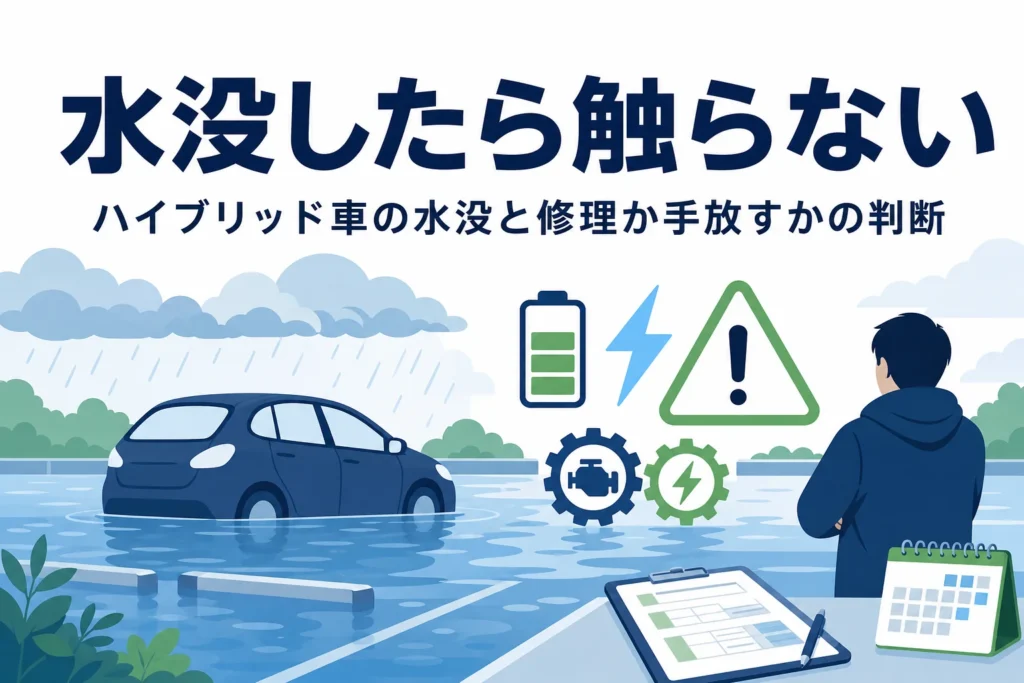 冠水した駐車場の乗用車と電池マーク・注意の三角形が描かれ、ハイブリッド車の水没時の対処を解説する記事タイトル