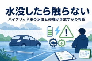 冠水した駐車場の乗用車と電池マーク・注意の三角形が描かれ、ハイブリッド車の水没時の対処を解説する記事タイトル