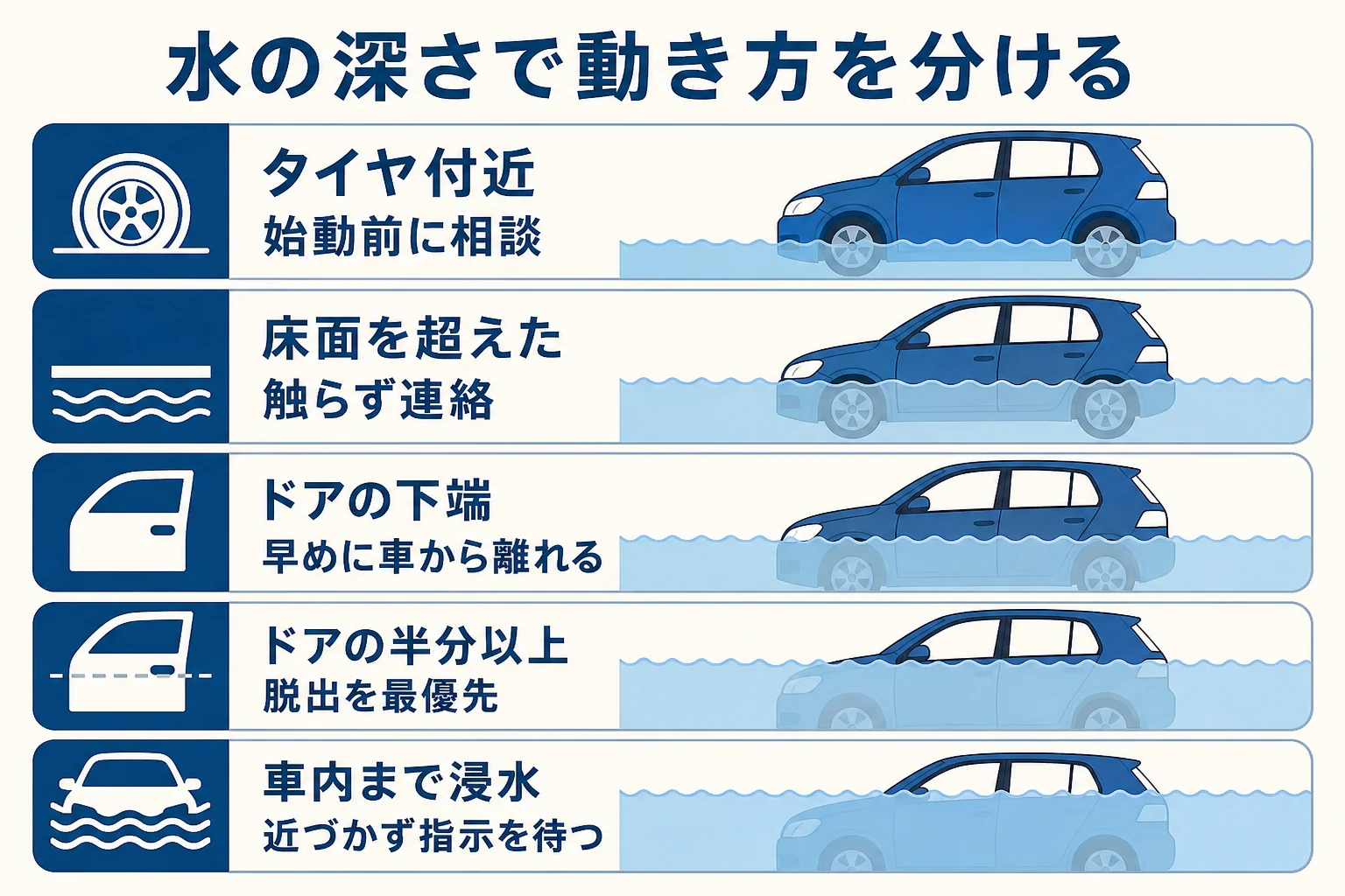 水没したハイブリッド車を水の深さごとに触らない・動かさない・連絡するに分けた行動表の図解