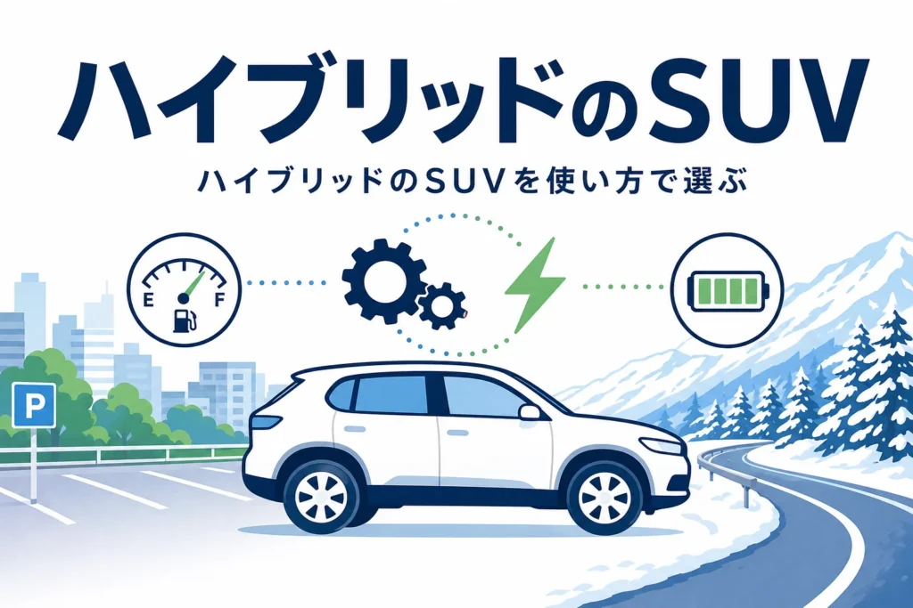 街と雪の山道を背景にしたSUVのシルエットとエンジン・モーターのマーク、ハイブリッドのSUVの選び方を紹介する記事タイトル