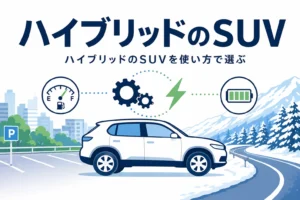 街と雪の山道を背景にしたSUVのシルエットとエンジン・モーターのマーク、ハイブリッドのSUVの選び方を紹介する記事タイトル