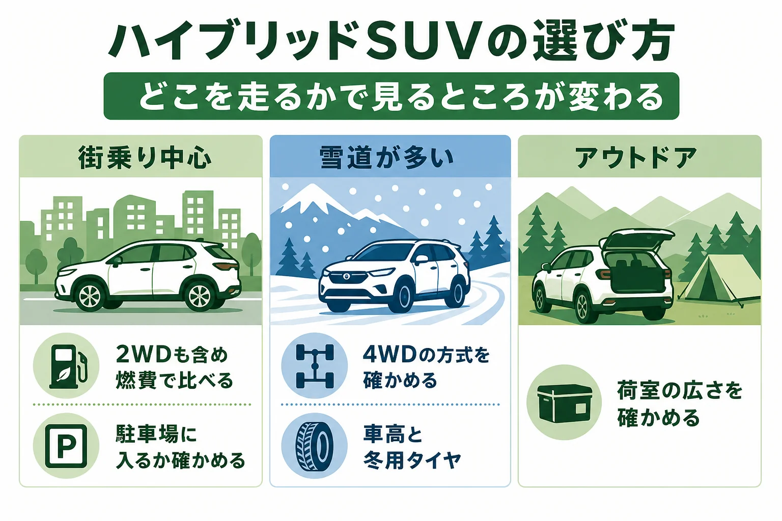 ハイブリッドのSUVを街乗り中心と雪道・アウトドアに分けて、見るところを並べた図解