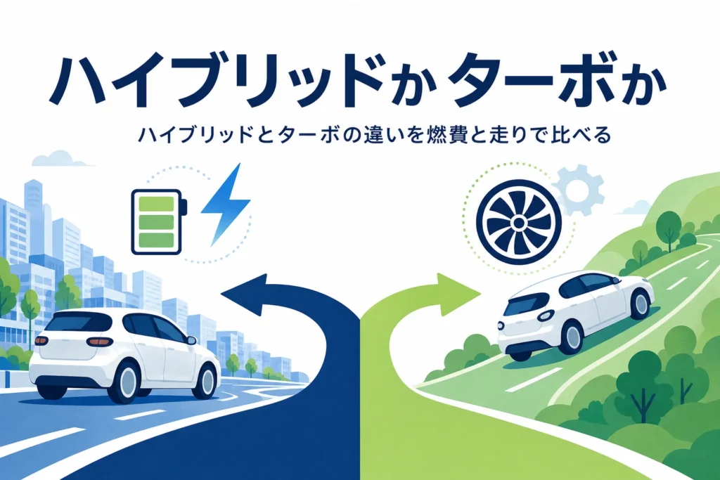 街中と坂道を走る乗用車を左右に描いた、ハイブリッドとターボの違いを比べる記事のアイキャッチ