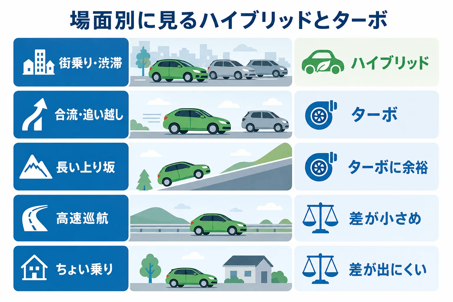 ハイブリッドとターボを街乗り・高速・坂道の場面別に比べた図解