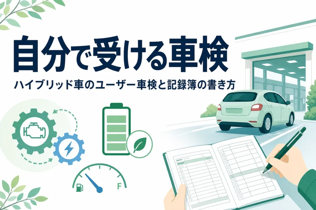 検査場に向かう乗用車のシルエットと記録簿・ペンを持つ手元が並び、ハイブリッド車のユーザー車検を解説する記事タイトル