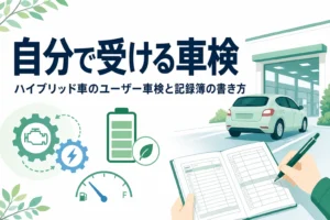 検査場に向かう乗用車のシルエットと記録簿・ペンを持つ手元が並び、ハイブリッド車のユーザー車検を解説する記事タイトル