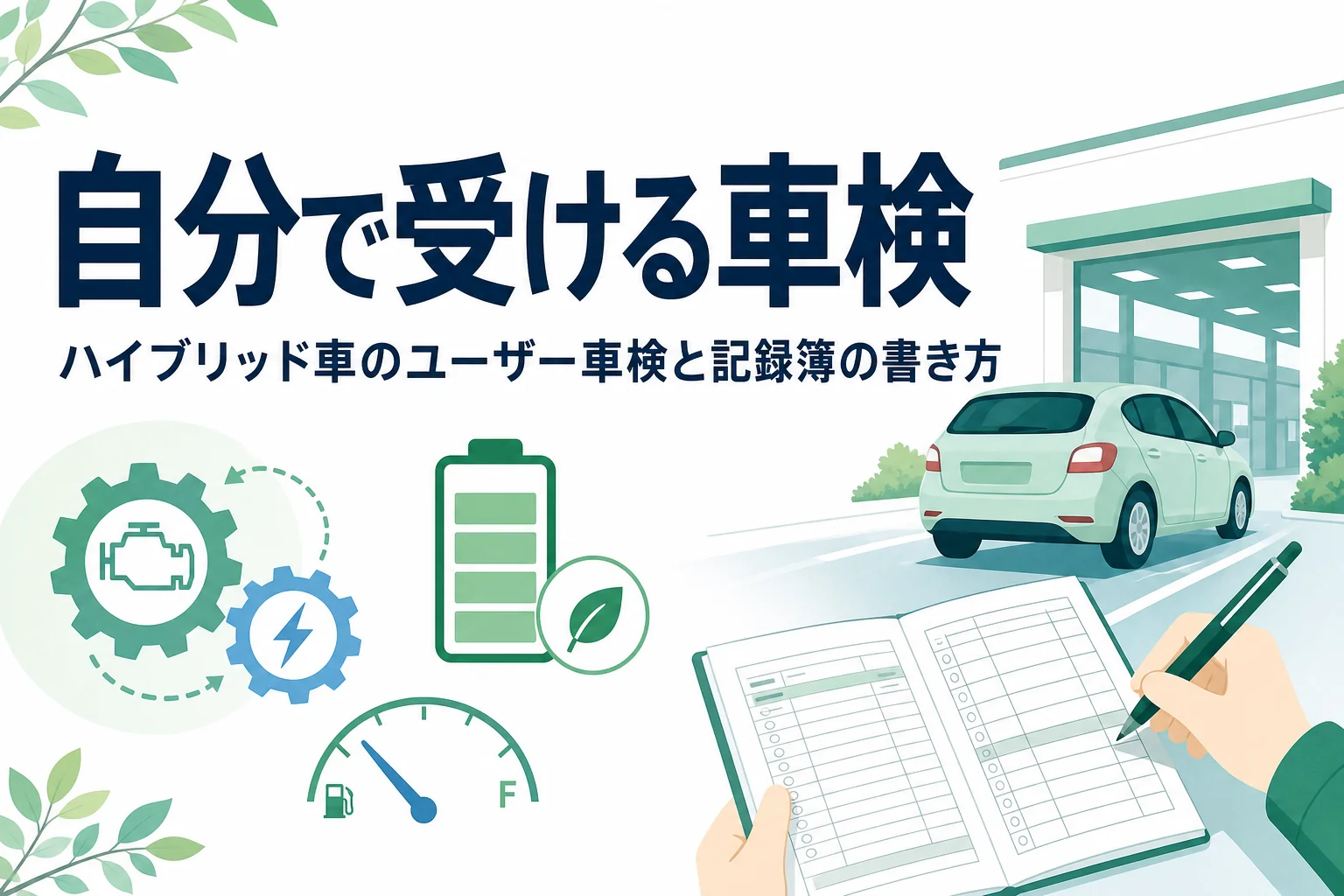 検査場に向かう乗用車のシルエットと記録簿・ペンを持つ手元が並び、ハイブリッド車のユーザー車検を解説する記事タイトル