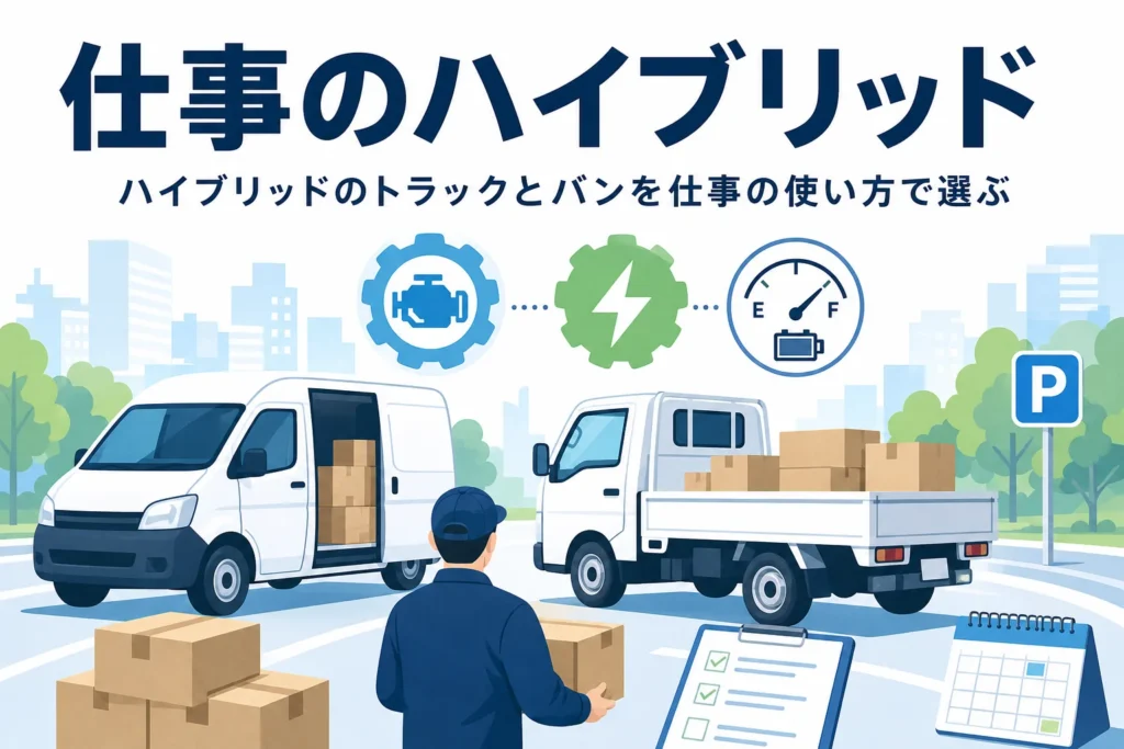 バンと小型トラックのシルエットと荷物で、仕事で使うハイブリッドのトラック・バンの選び方を表したアイキャッチ