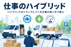 バンと小型トラックのシルエットと荷物で、仕事で使うハイブリッドのトラック・バンの選び方を表したアイキャッチ