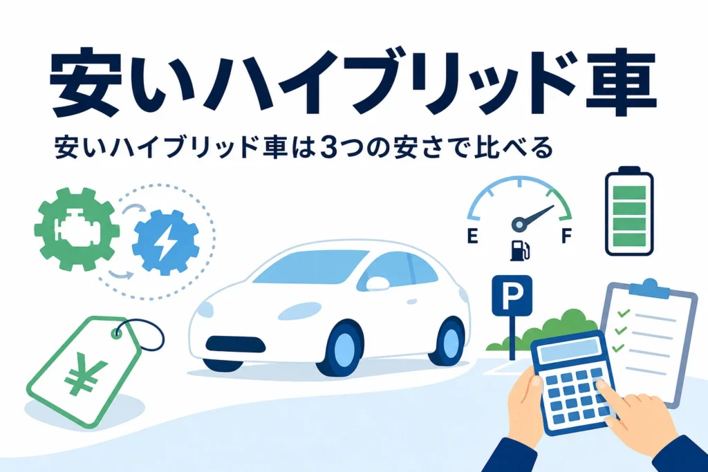 車のシルエットと値札と電卓で、安いハイブリッド車の選び方を表したアイキャッチ