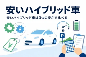 車のシルエットと値札と電卓で、安いハイブリッド車の選び方を表したアイキャッチ