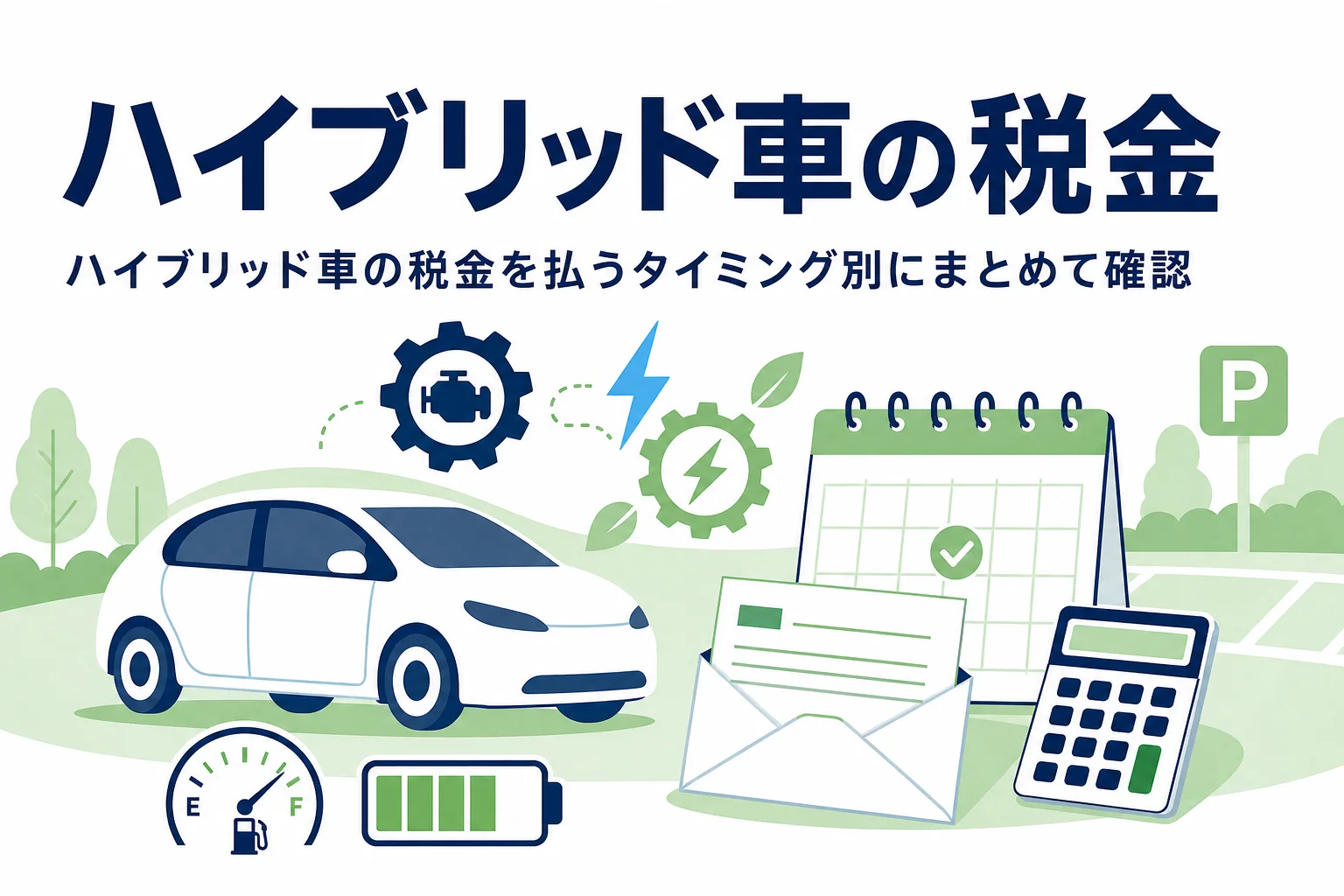 乗用車のシルエットとカレンダー・通知書が並び、ハイブリッド車の税金をまとめて確認する記事タイトル